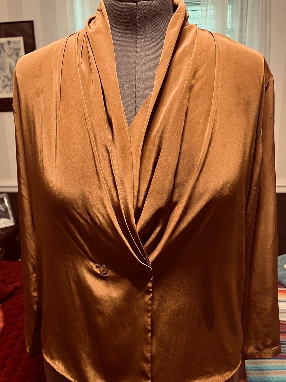 Satin Draped Front Blouse in Warm burnished brown